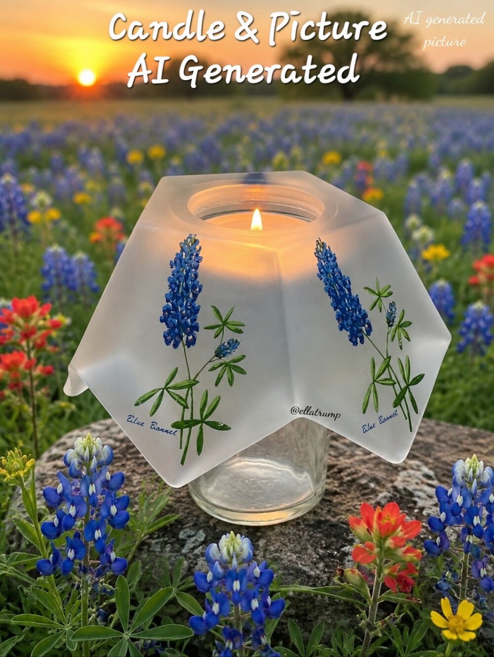 Westmoreland Style Vtg Frosted Glass Fairy Lamp Painted With Texas Bluebonnets